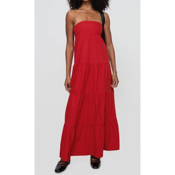 Princess Polly Maxi Dress Linen Kazia Red Strapless Tie Back Tiered US Sz 6 NWT - Picture 1 of 9